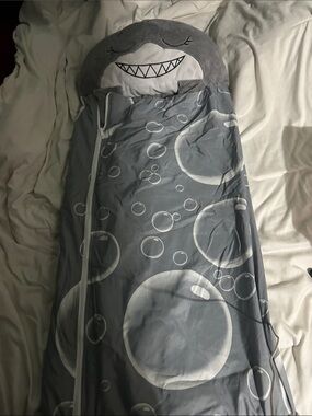 Happy Napier’s Gray Bubble-Print Kids Sleeping Bag with Plush Shark Hood